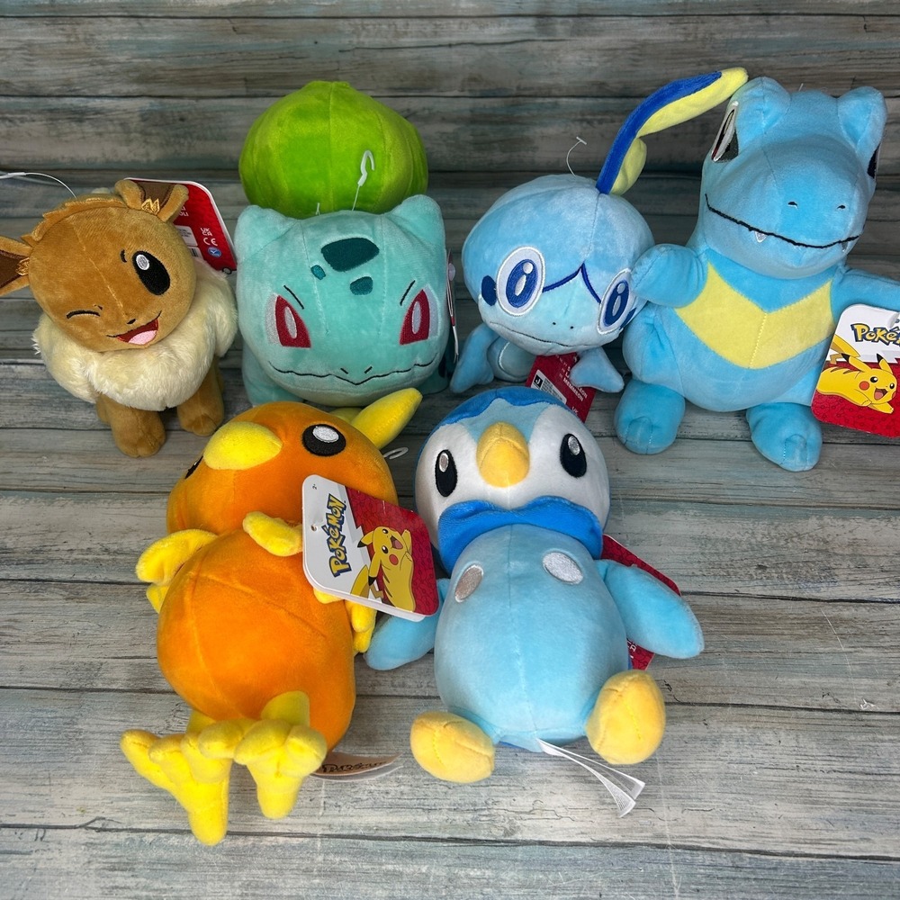Pokemon Plush Lot Eevee Piplup Torchic Sobble Bulbasaur Totodile Jazwares
